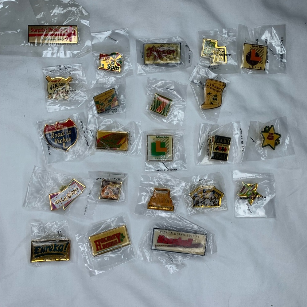 vintage California lottery promotional collectible pins (collection of 22)